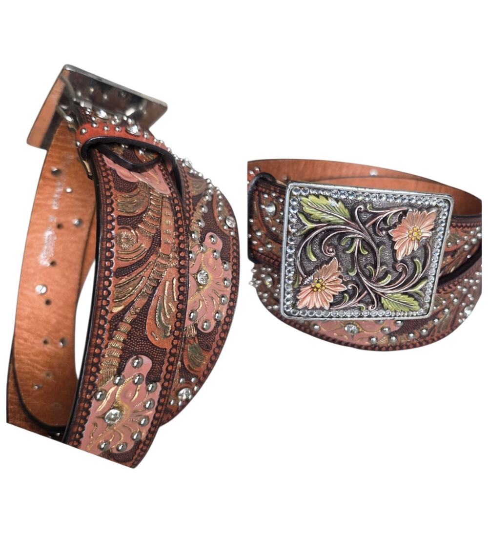 Nocona Tooled Leather Belt & Floral Buckle Leather Bling Size M Western